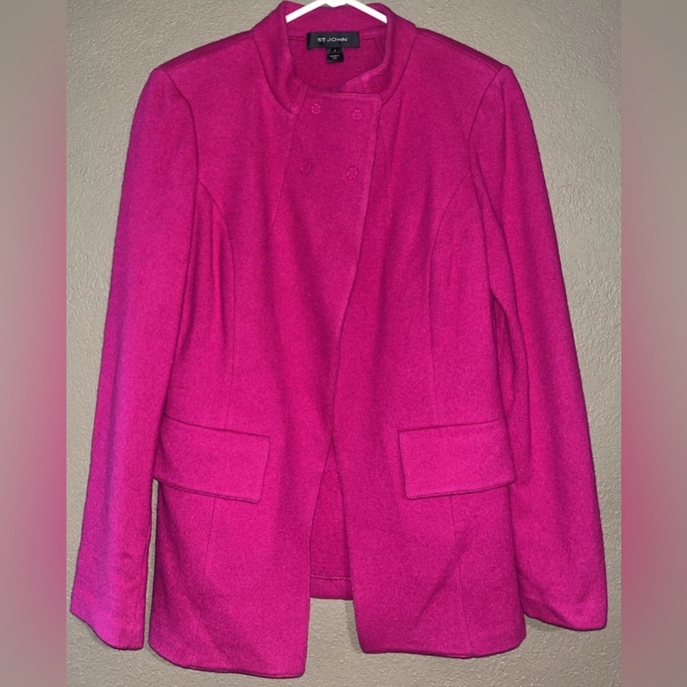 ST. JOHN Fuschia Wool Mock Collar Snap Sweater Jacket Women’s 8